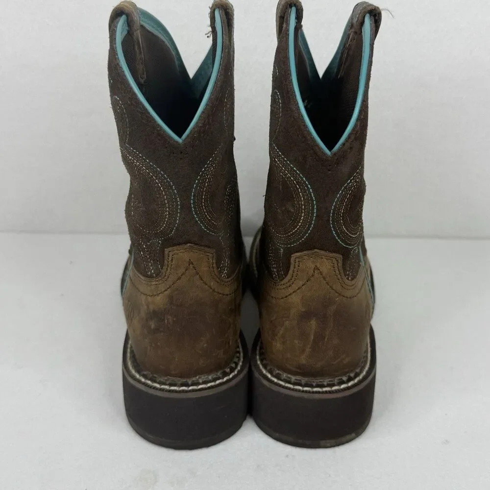 Ariat Women's Fatbaby Western Boots Short Brown Teal Embroidery Size 6.5